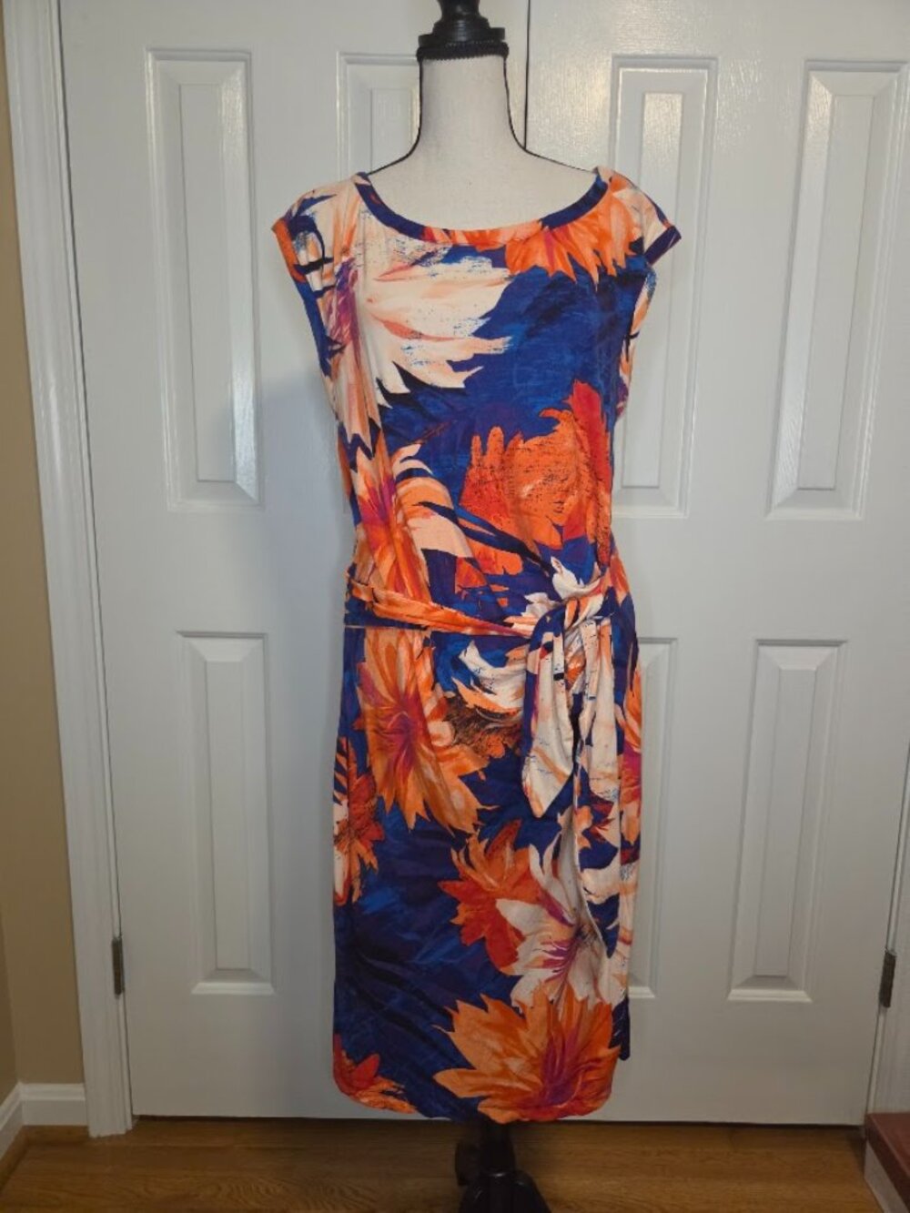 Ann Taylor Factory Large Blue Orange Floral Side Tie Midi Dress